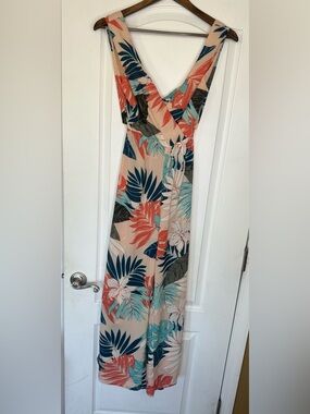 Japna Peach Floral Jumpsuit  with Teal & Navy Leaves